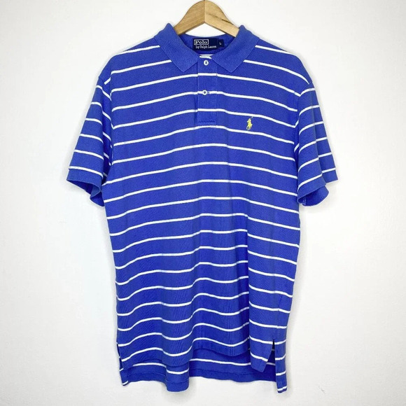 Polo Ralph Lauren Large Blue White Striped Shirt Short Sleeve Pony Logo Mens - Picture 1 of 9